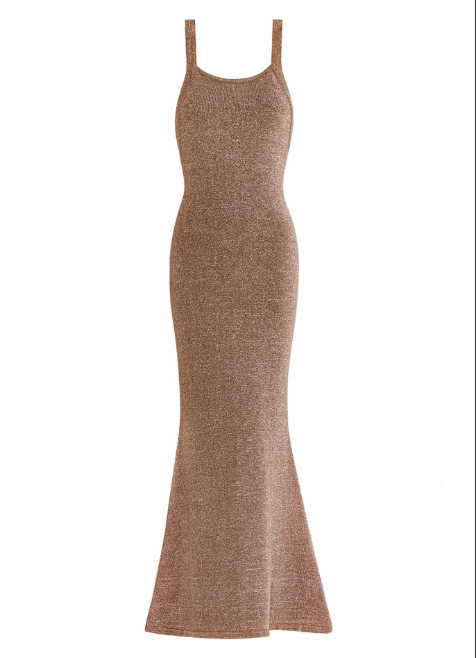 KNITTED GLITTER MAXI DRESS - BROWN / SILVER